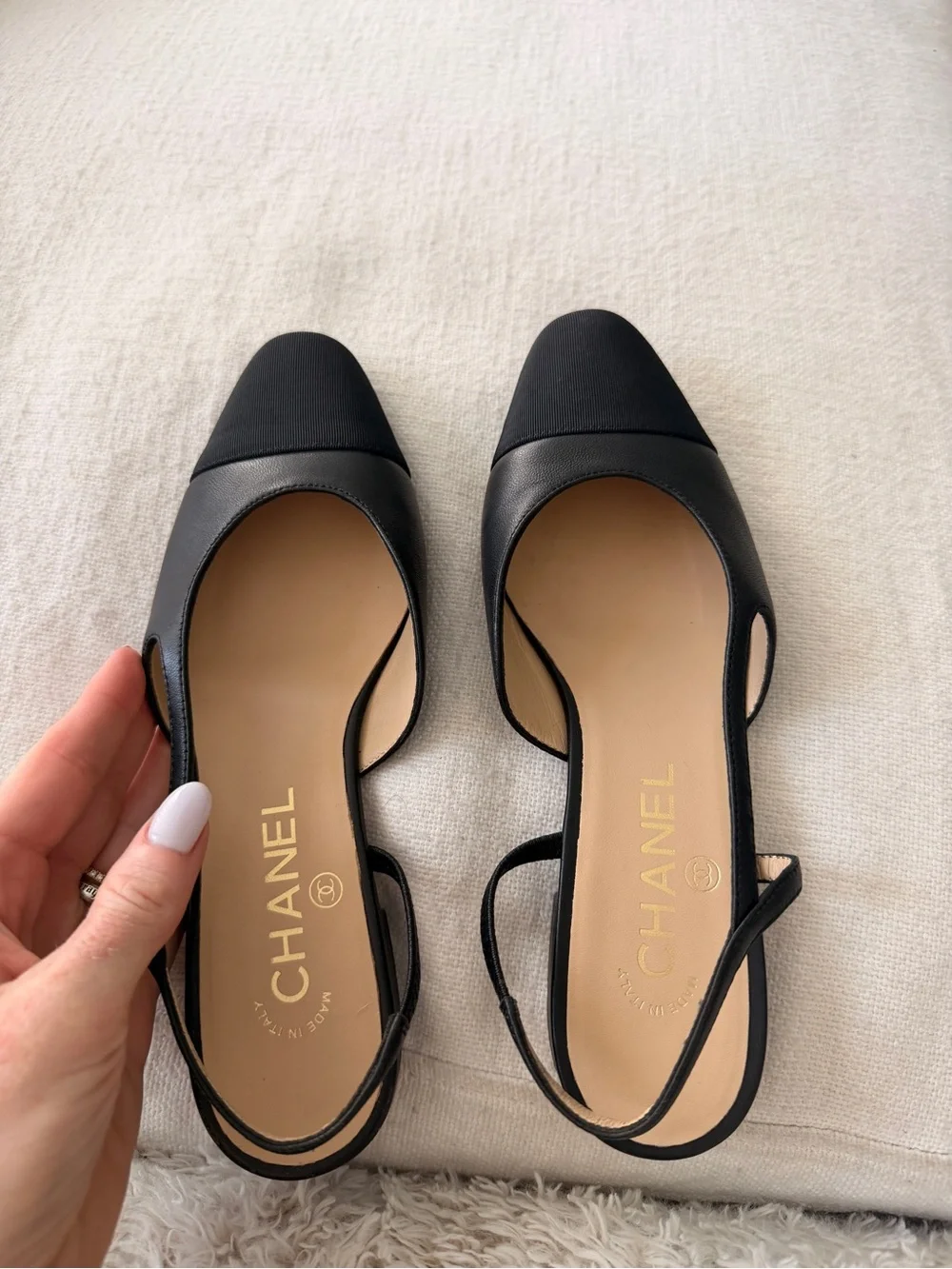 CHANEL Black Goatskin & Grosgrain Slingback Flats